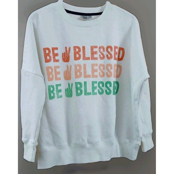 True Craft Be Blessed Graphic Sweatshirt Women’s XS Oversized White Crewneck EUC - Picture 1 of 5
